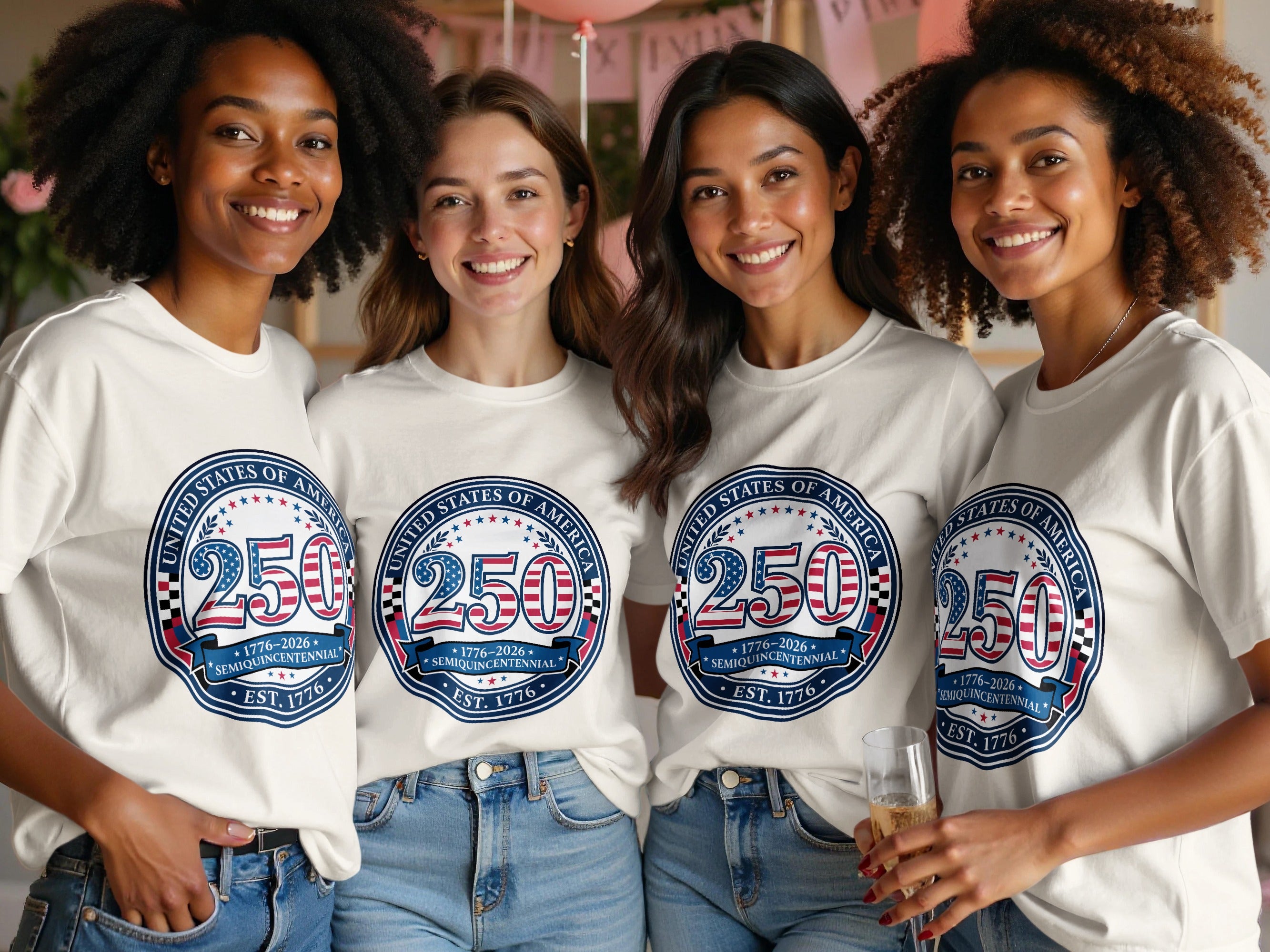 Four women in t-shirts celebrating the United States Semiquincentennial.