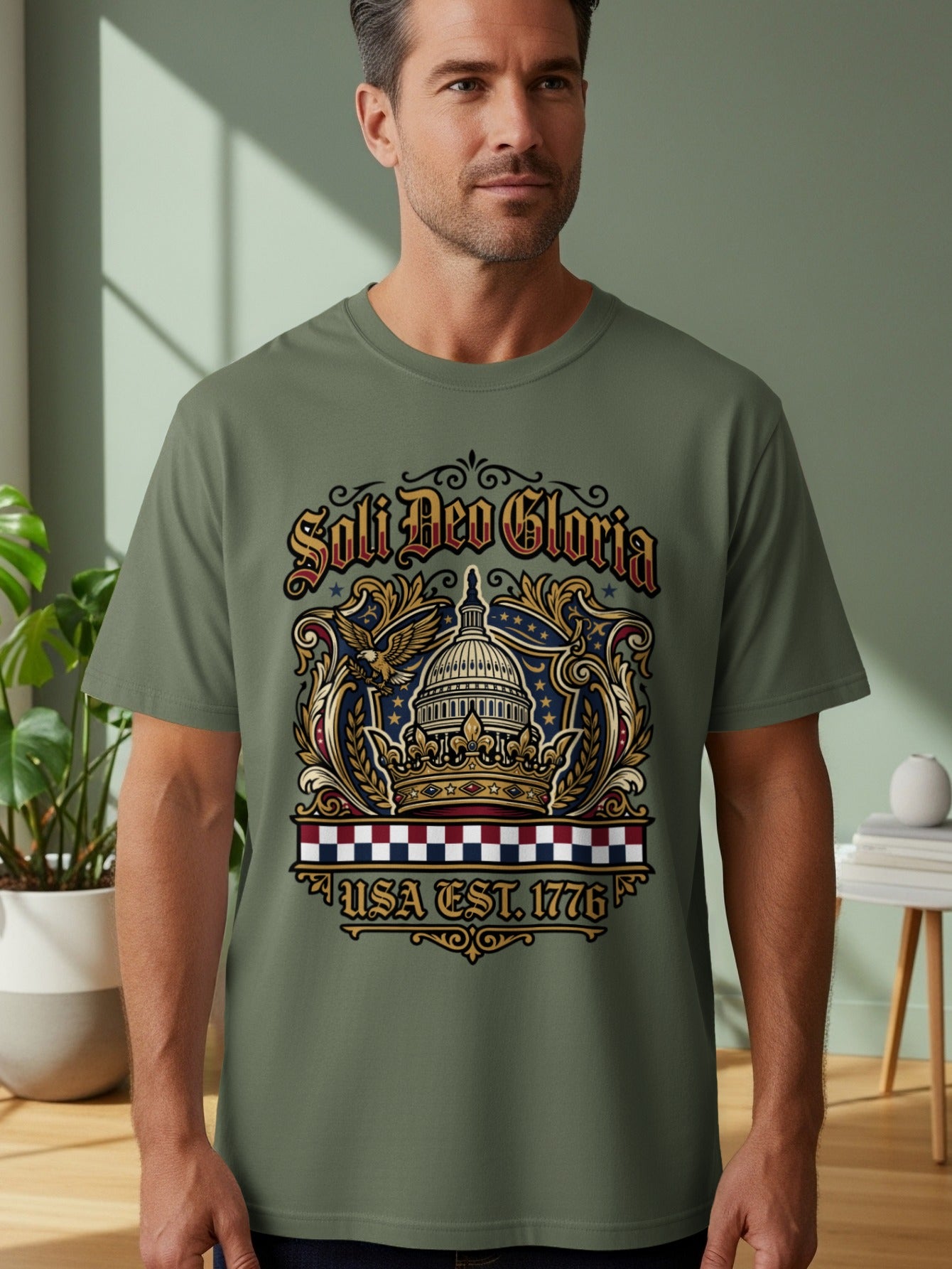T-shirt with United States Capitol graphic and "Soli Deo Gloria USA Est. 1776" text.