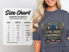 Comfort Colors 1717 size chart with measurements and 250th anniversary graphic.