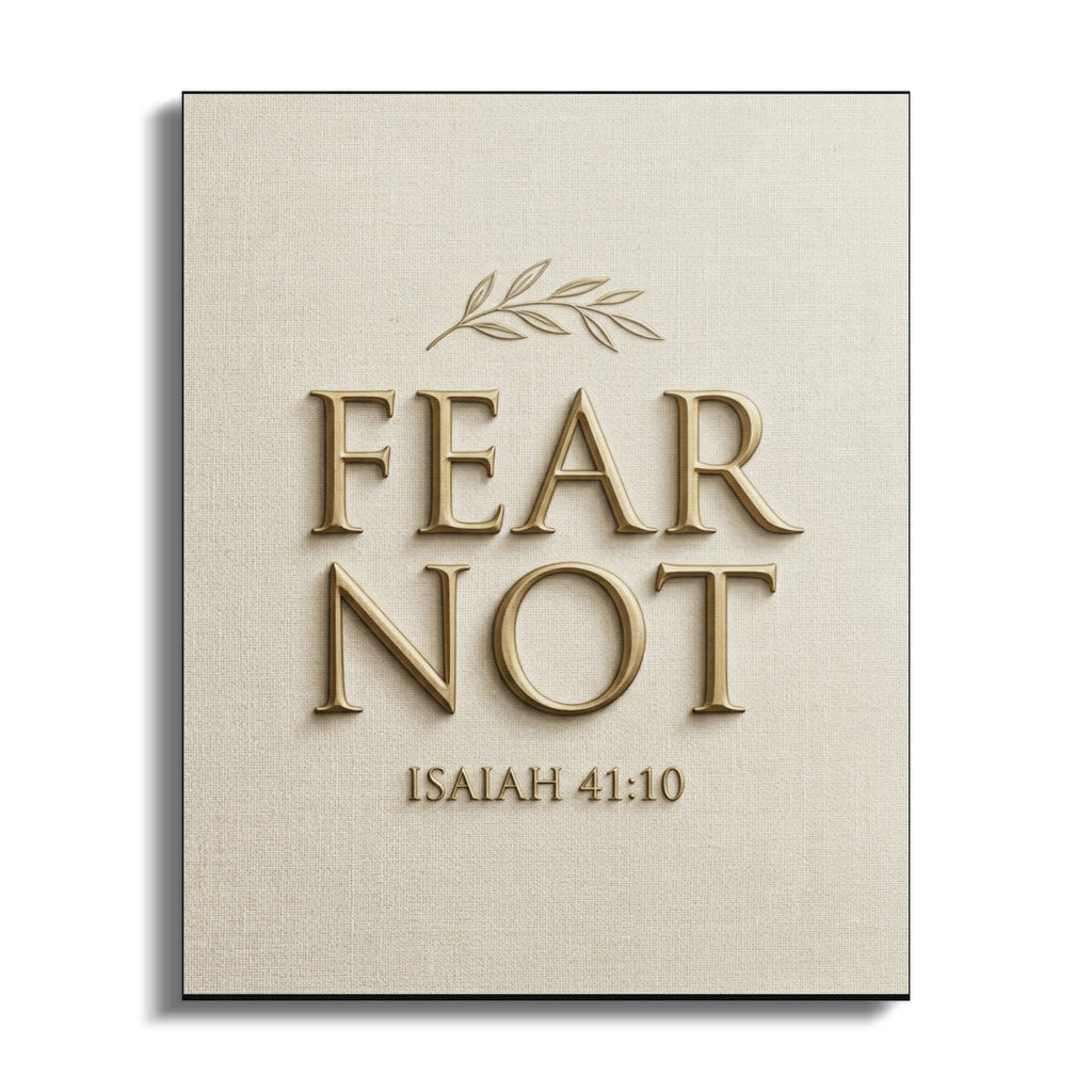 Gold text "FEAR NOT" and "ISAIAH 41:10" on textured fabric.