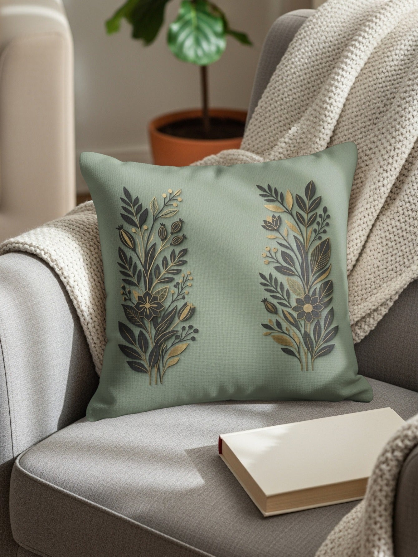 Sage green throw pillow with gold floral motifs on a gray armchair.