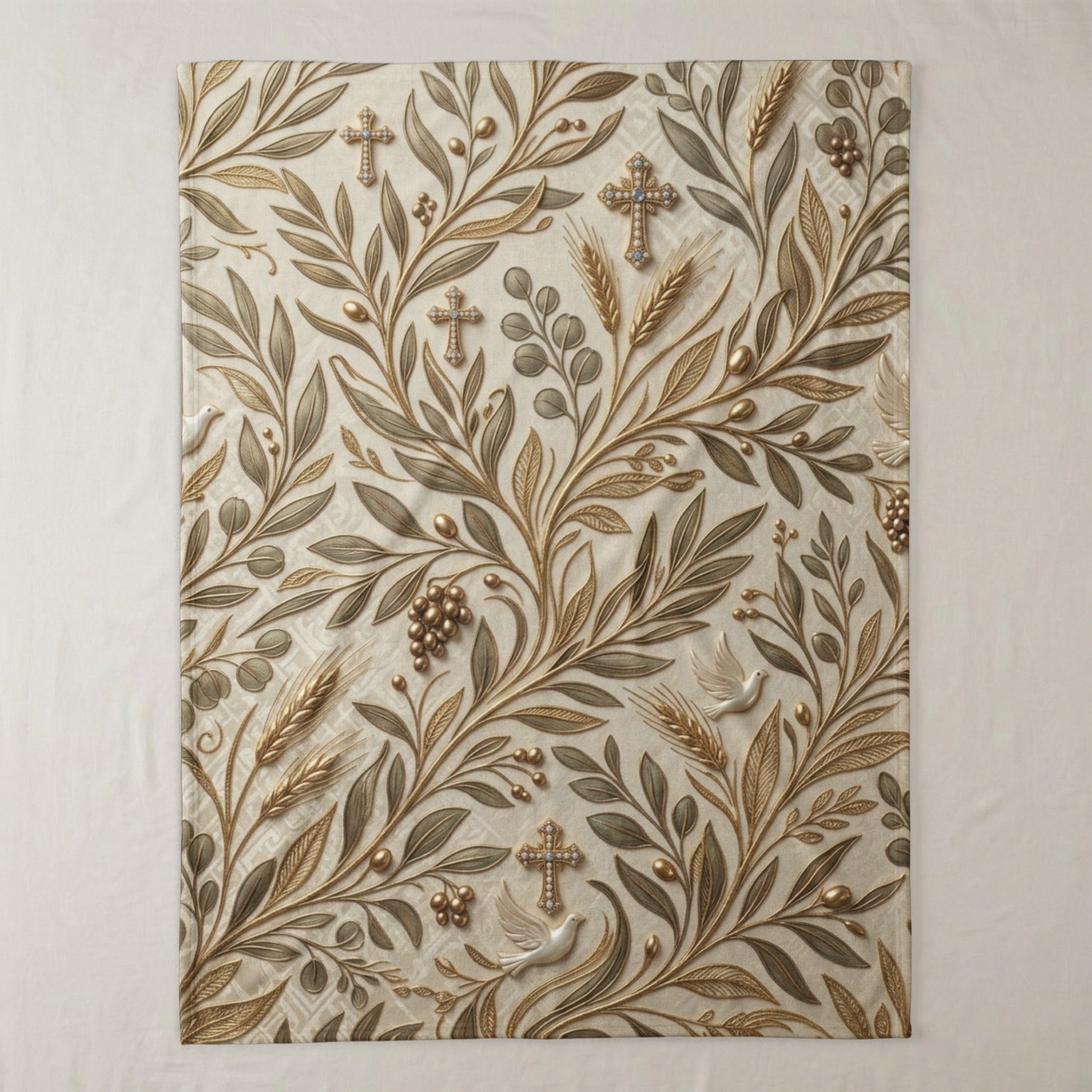 Ornate gold and olive green botanical design with crosses and wheat stalks.