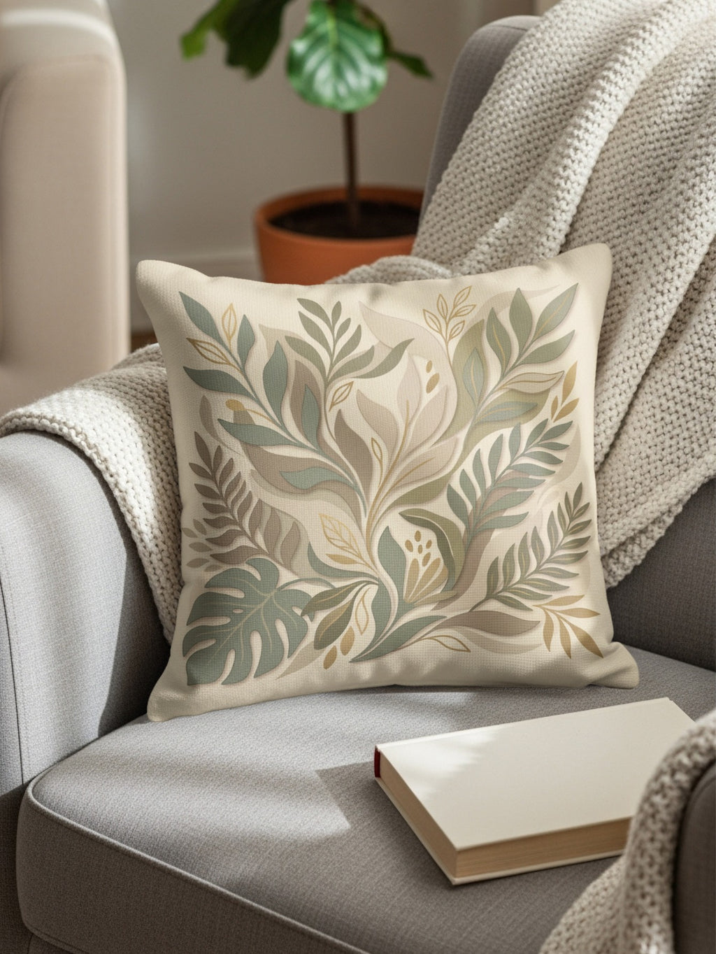 Decorative throw pillow with a muted botanical leaf pattern on a gray armchair.