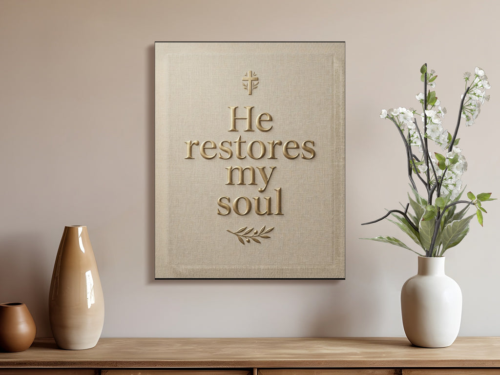 "He restores my soul" text on framed canvas art with decorative vase and flowers.