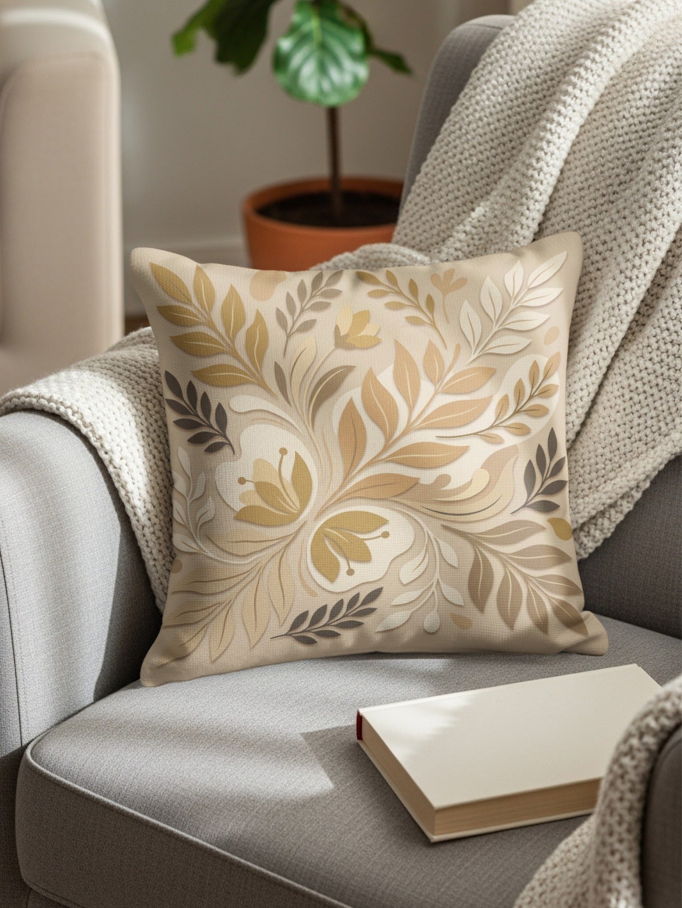 Square throw pillow with a neutral floral pattern on a chair.