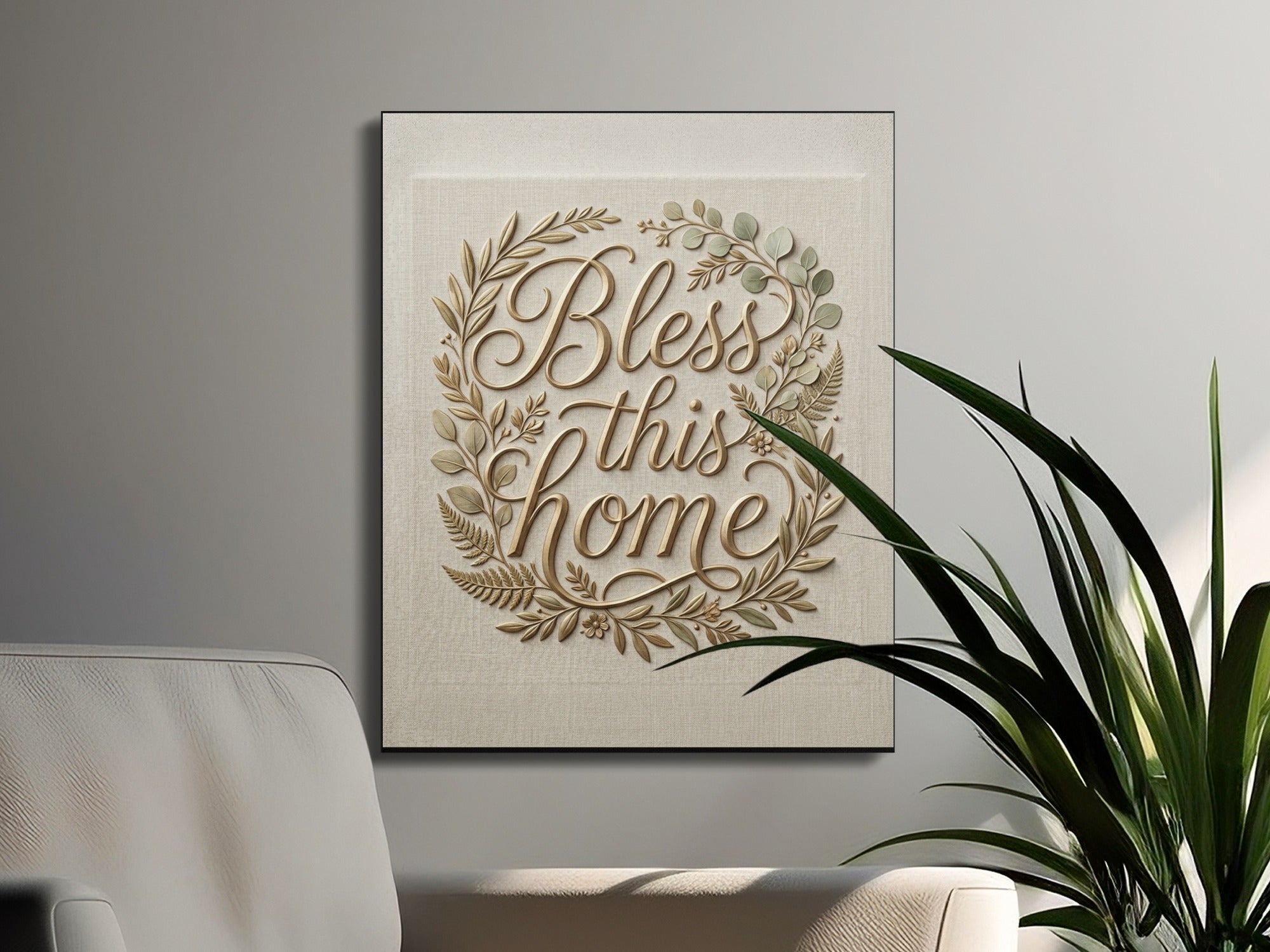 Gold lettering "Bless this Home" inside a laurel wreath on canvas wall art.