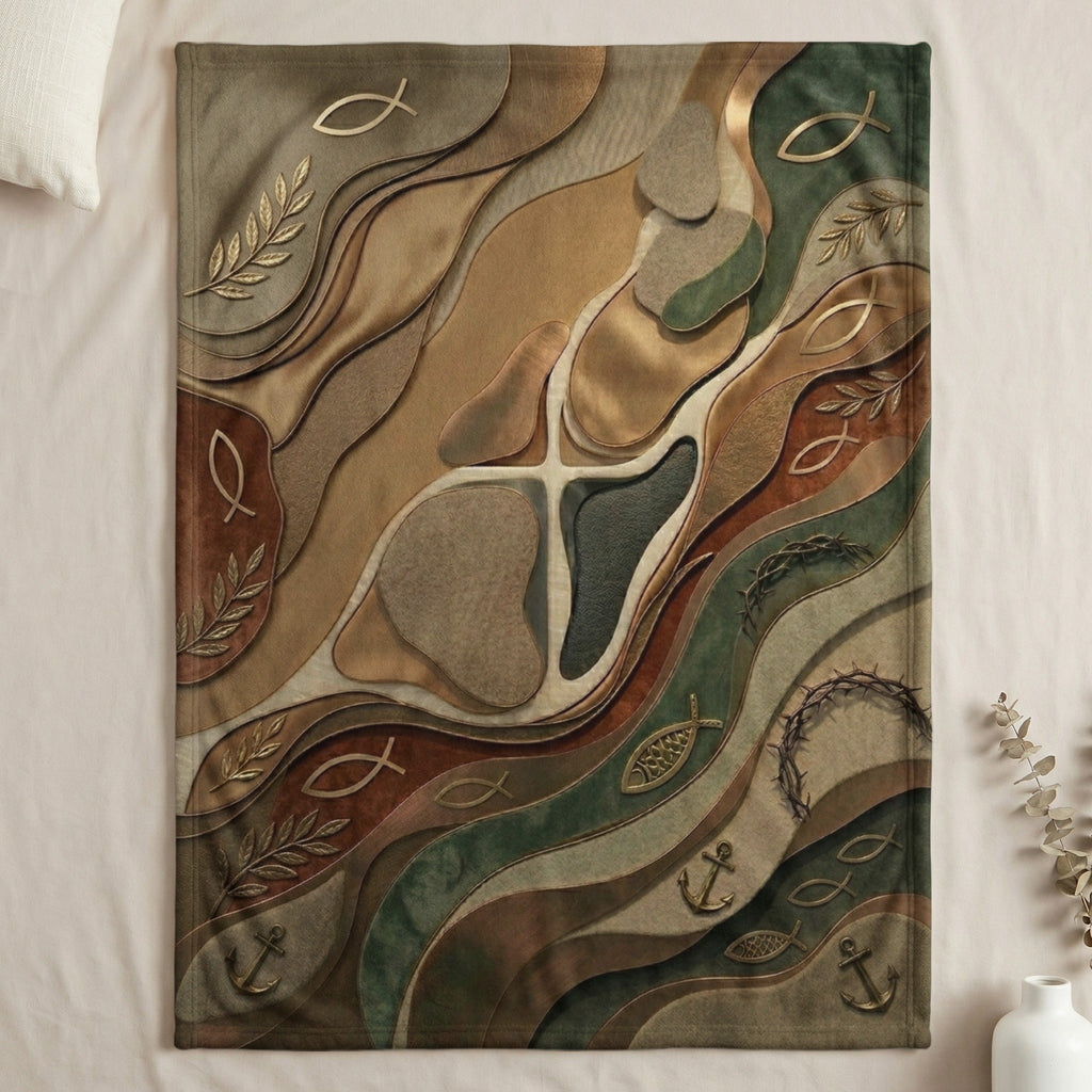 Abstract Christian tapestry with fish, anchors, crosses, and olive branches.