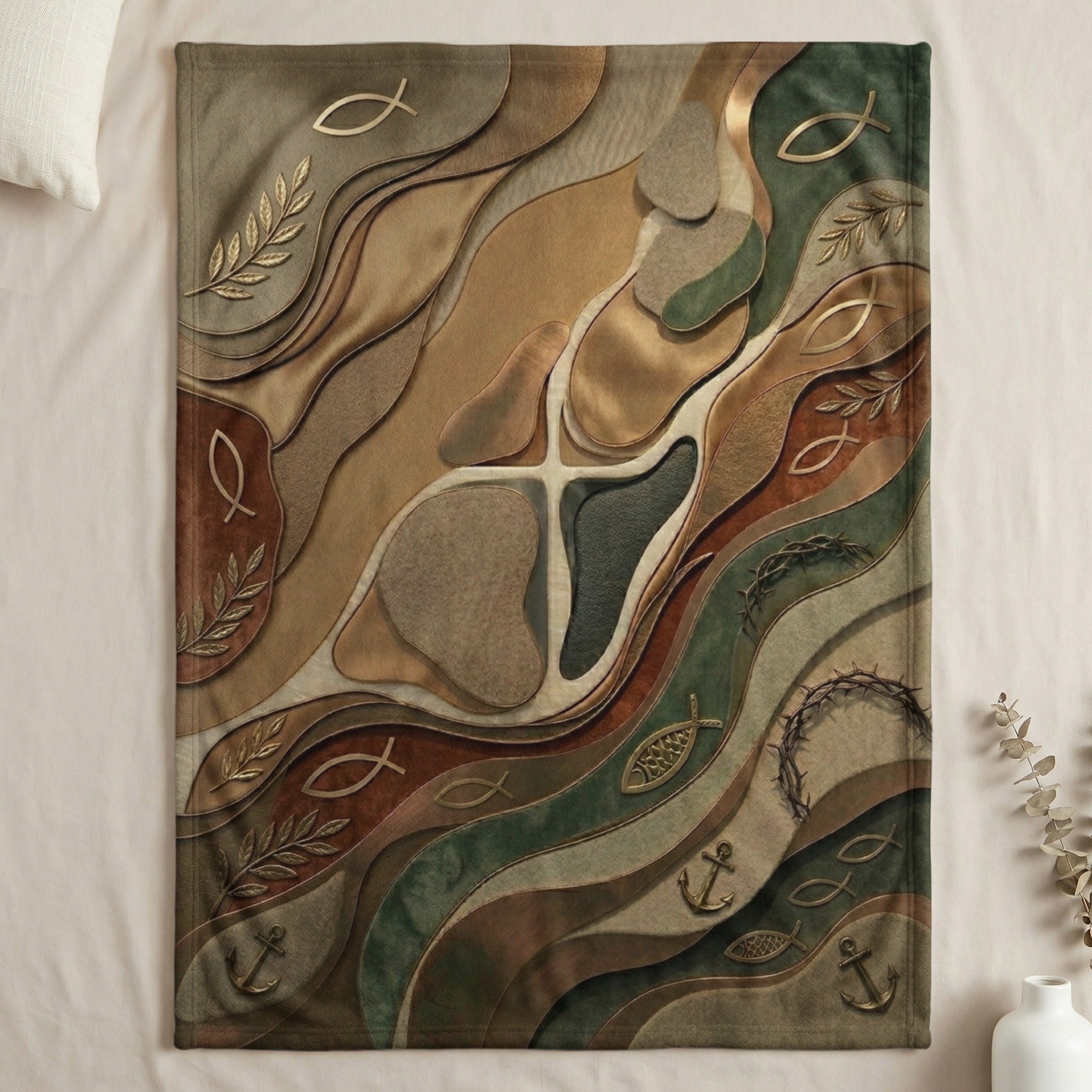 Abstract Christian tapestry with fish, anchors, crosses, and olive branches.