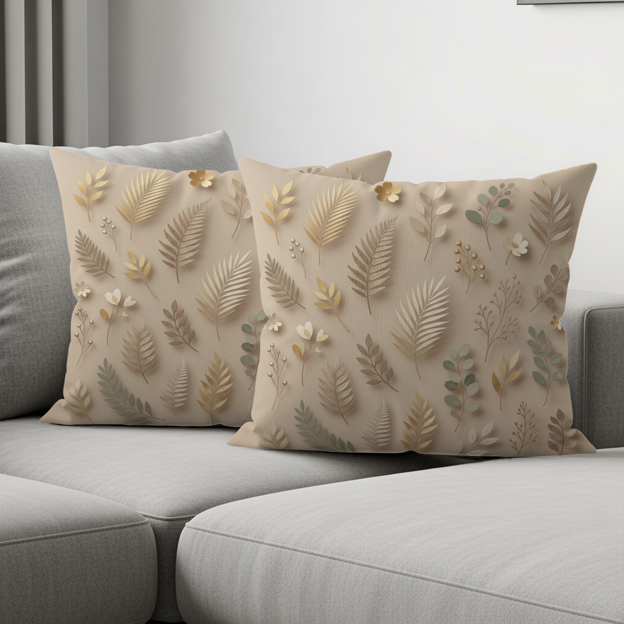 Light beige decorative throw pillows with raised floral and leaf patterns.