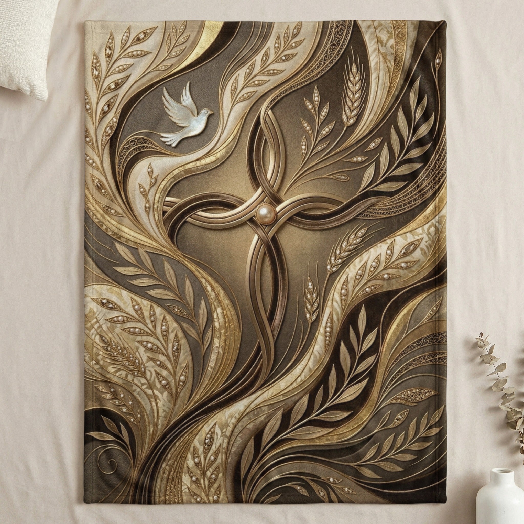 Embroidered blanket with gold cross, leaves, and dove motif.