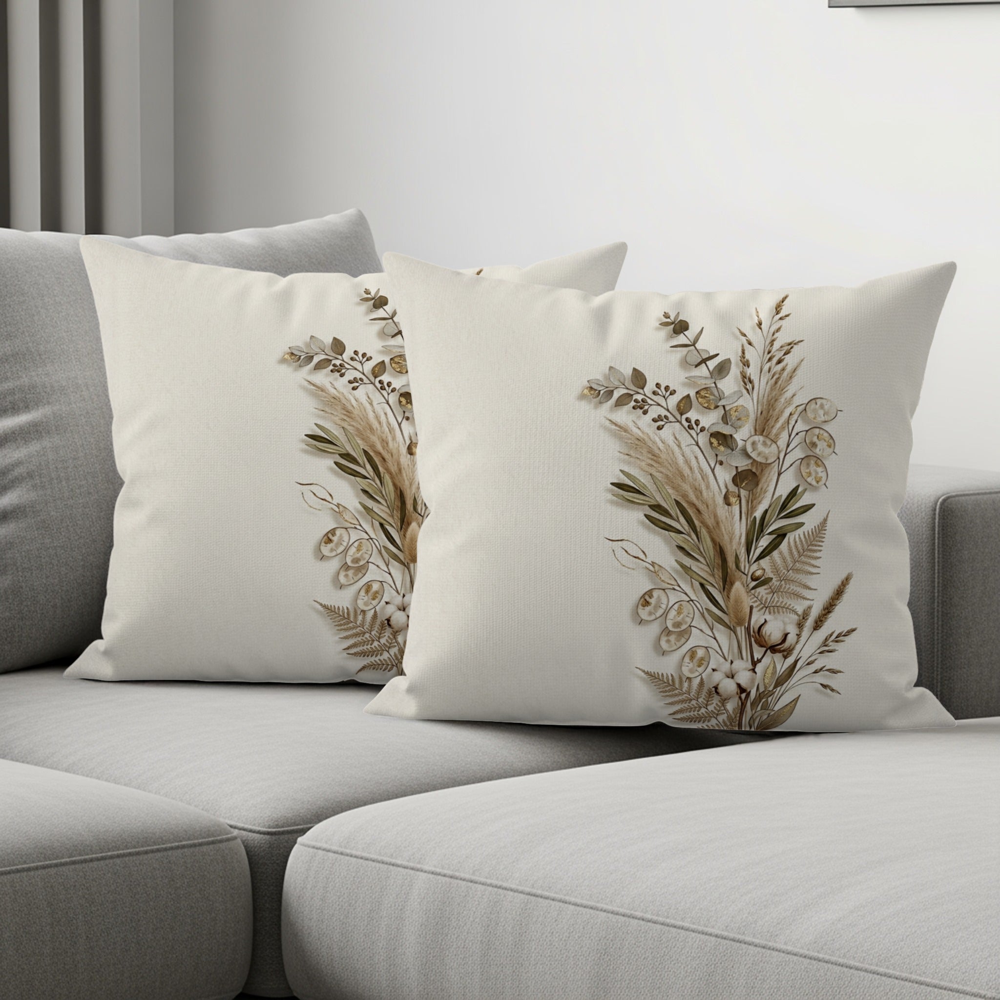 Two beige decorative pillows with dried floral and cotton arrangements.