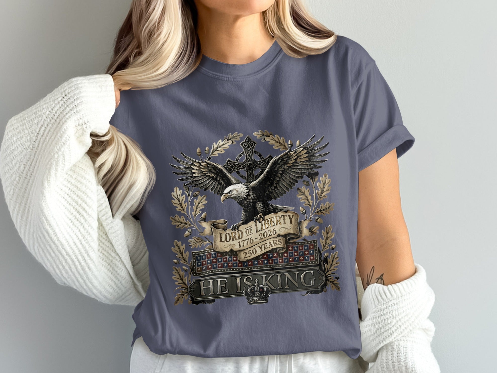 Dark t-shirt with eagle, cross, and "Lord of Liberty 1776-2026 250 Years" text.