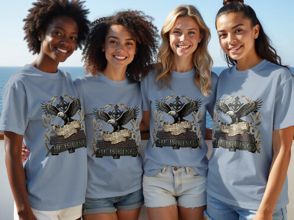 Four women wear grey t-shirts with an eagle and patriotic text.