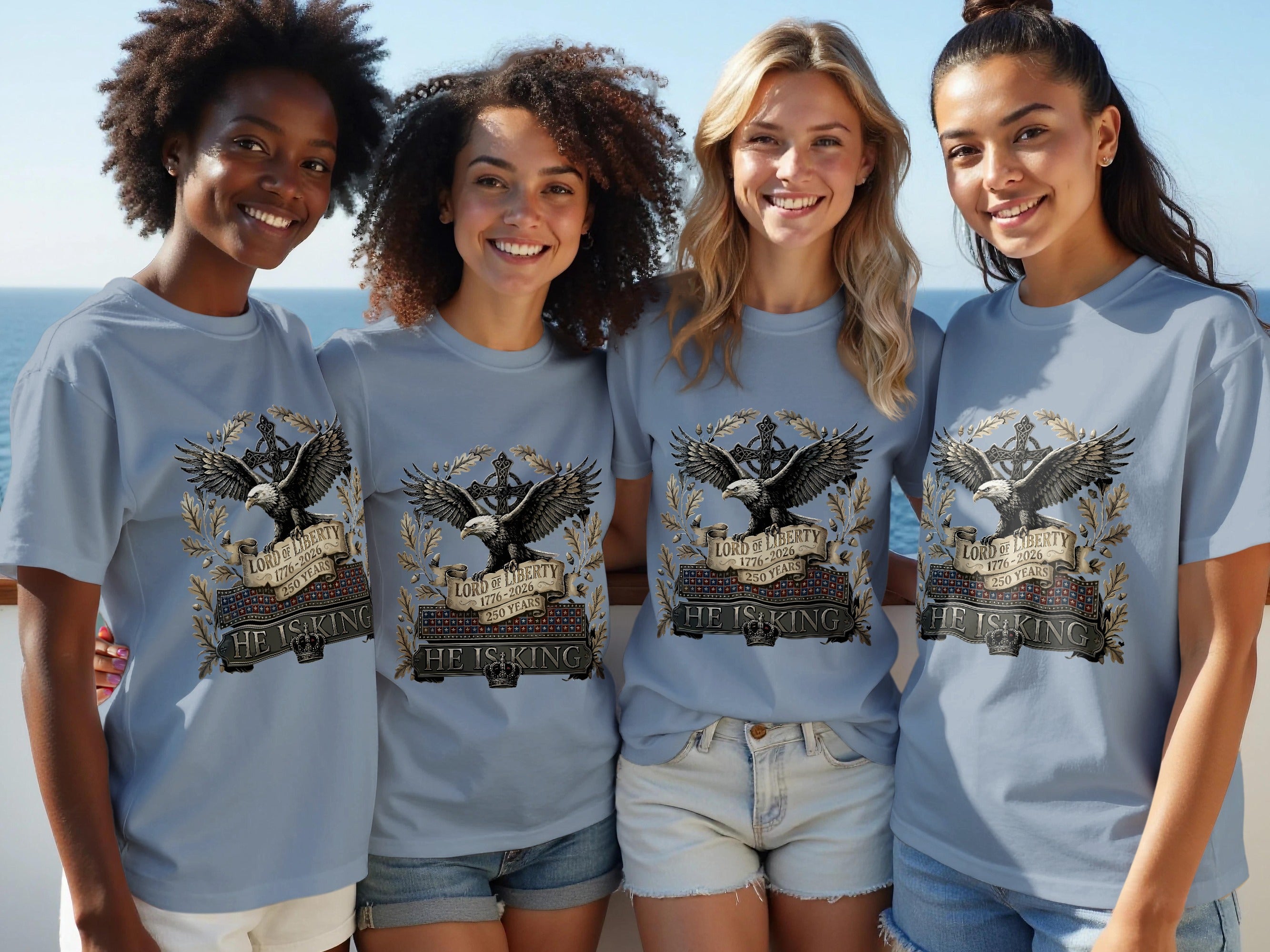 Four women wear grey t-shirts with an eagle and patriotic text.