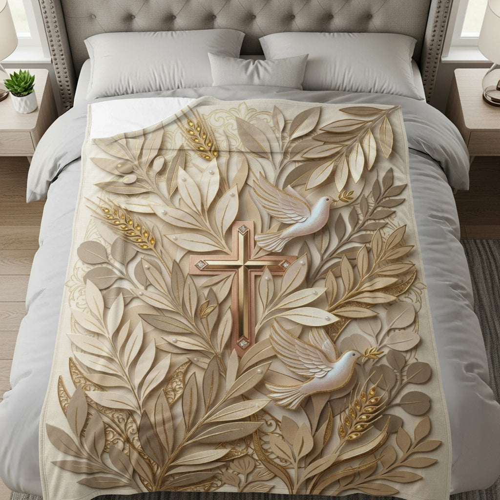Embossed cross with doves and leaves on a neutral blanket.