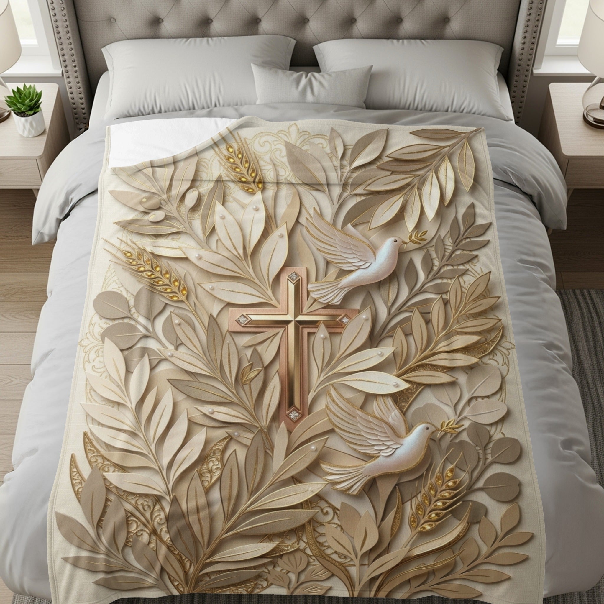 Embossed cross with doves and leaves on a neutral blanket.
