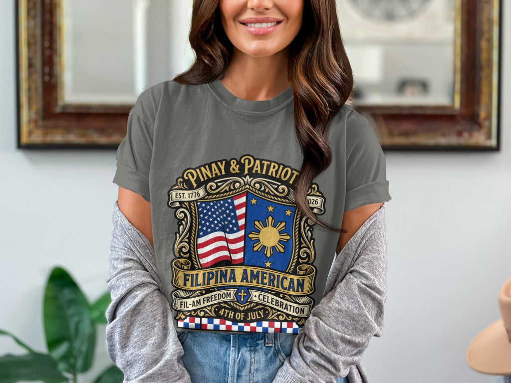 Gray t-shirt with "Pinay & Patriot" and Filipino American Freedom Celebration design.
