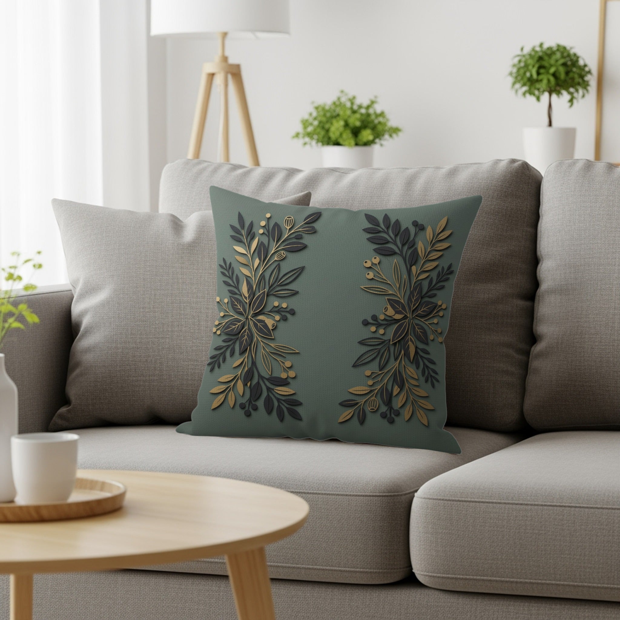 Green throw pillow with gold and dark green floral design on a gray sofa.