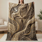 Textured gold and brown blanket with a cross and dove design.