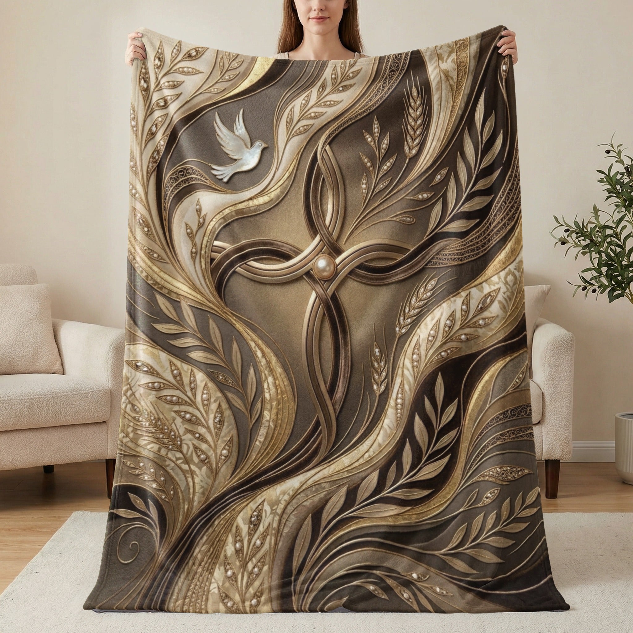 Textured gold and brown blanket with a cross and dove design.