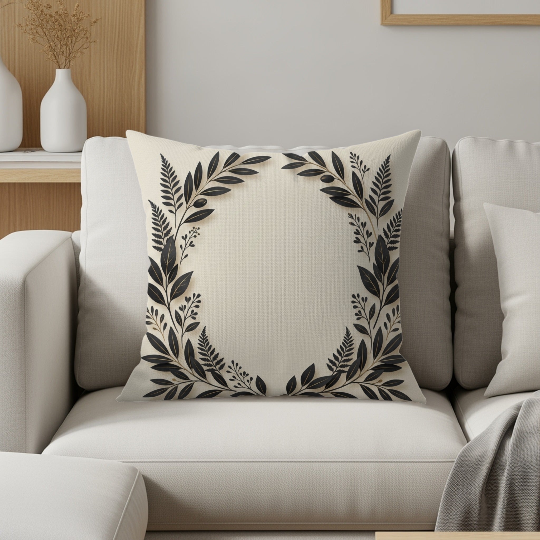 Cream cushion with a black floral wreath design.