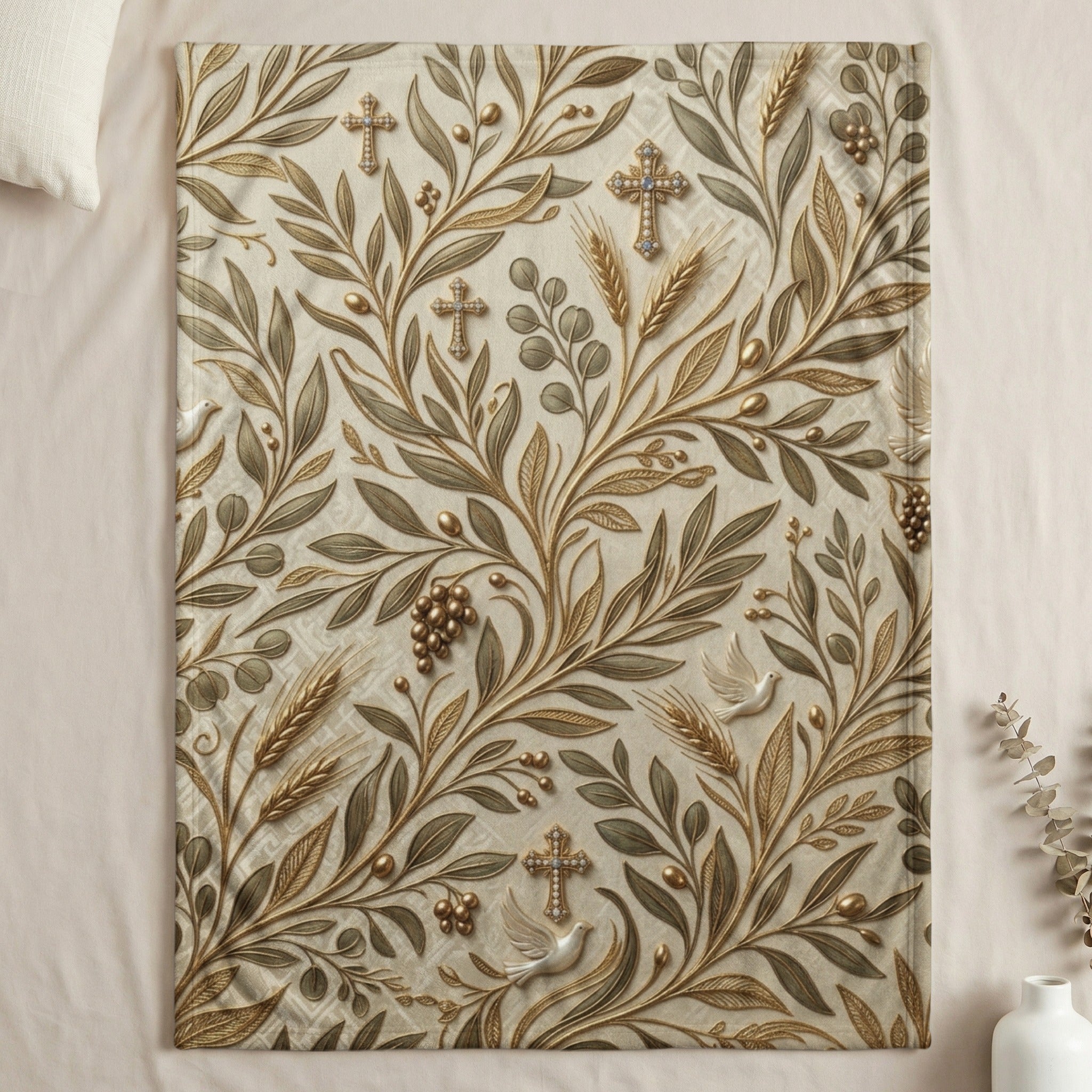Tan and gold botanical pattern with crosses and doves on a blanket.