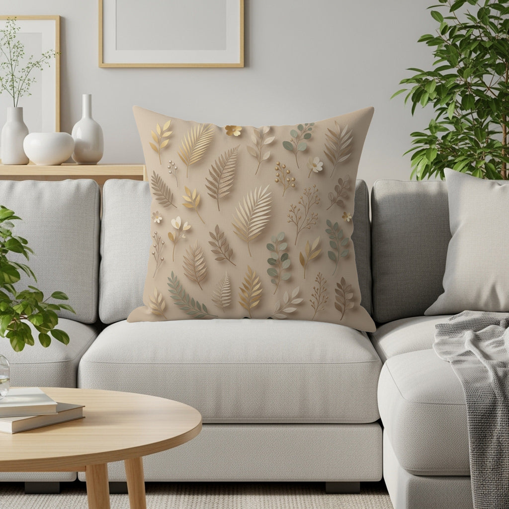 Beige throw pillow with repeating pattern of botanical leaf designs on a sofa.