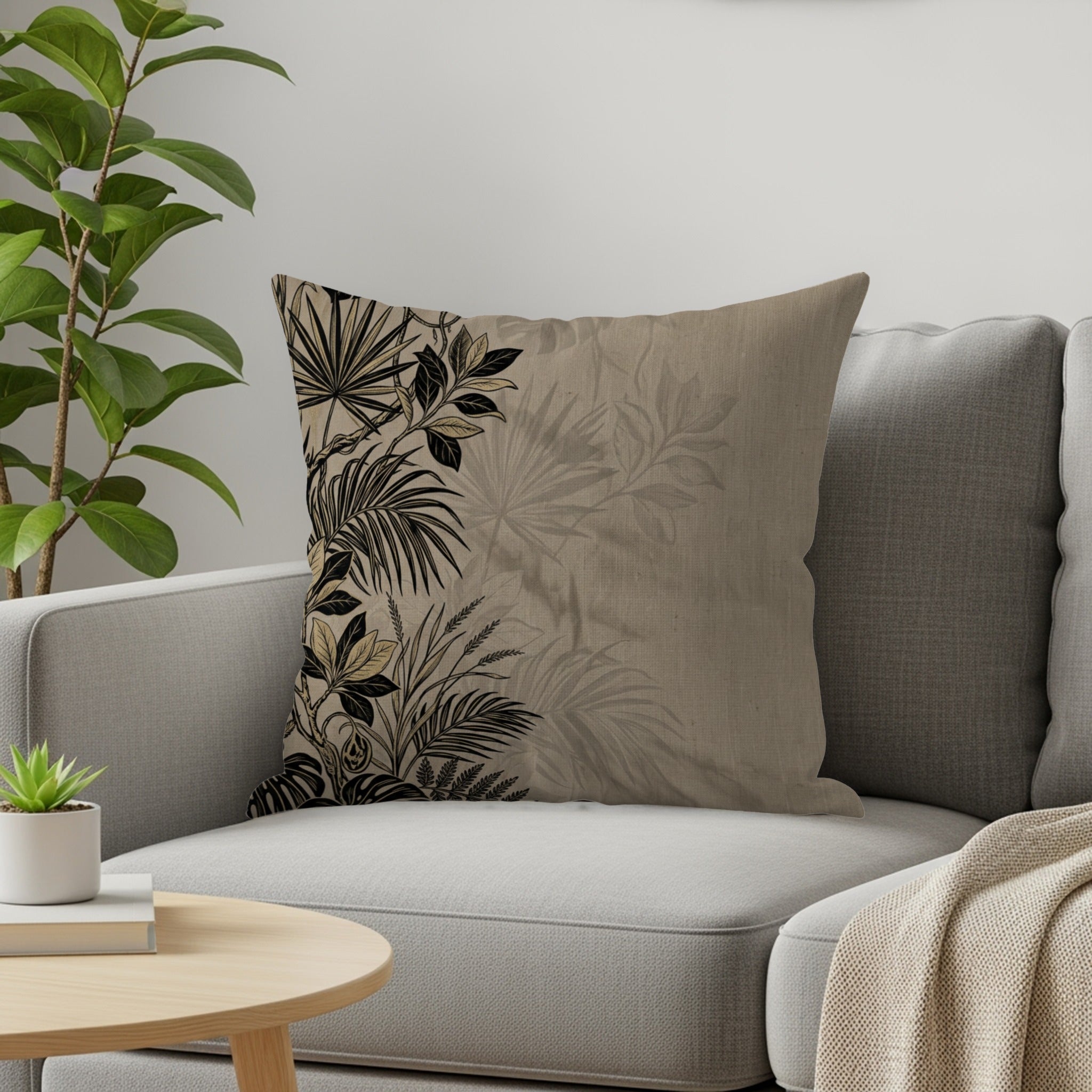 Tan throw pillow with dark botanical print on a sofa.
