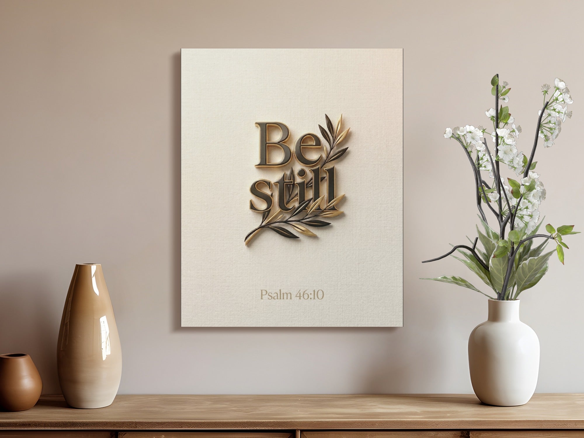 "Be still" text with olive branches on canvas, above Psalm 46:10, with vases.