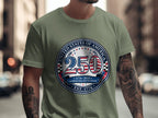 Green t-shirt with "250 SEMIQUINC<bos>EST. 1776" circular patriotic design.