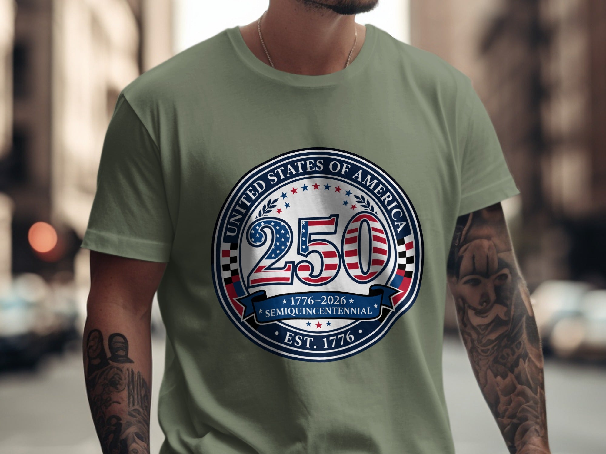 Green t-shirt with "250 SEMIQUINC<bos>EST. 1776" circular patriotic design.