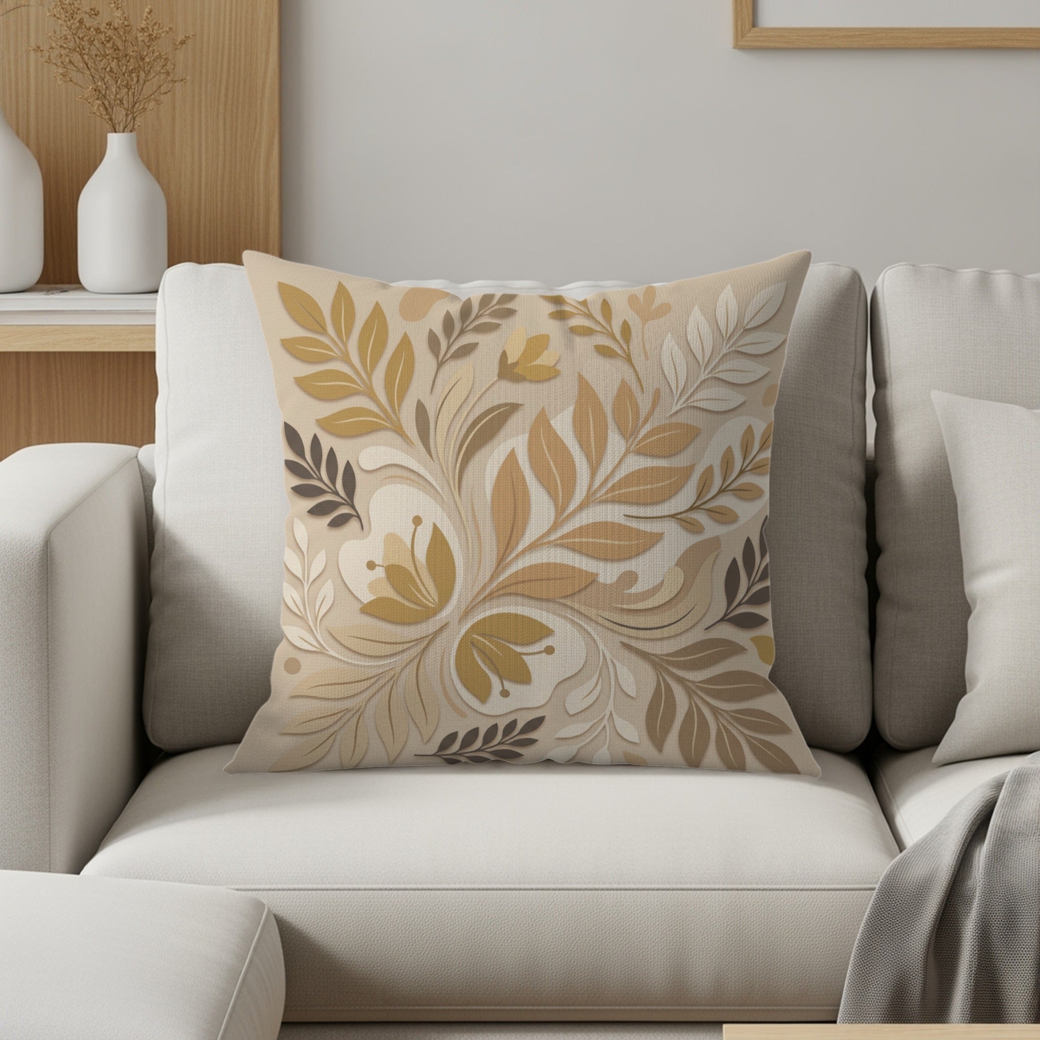 Cushion with an organic floral pattern in neutral beige and brown tones.