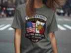 Filipina American t-shirt with crest: USA flag, sun, stars, "May & Patriotic," "Fil-Am Freedom."