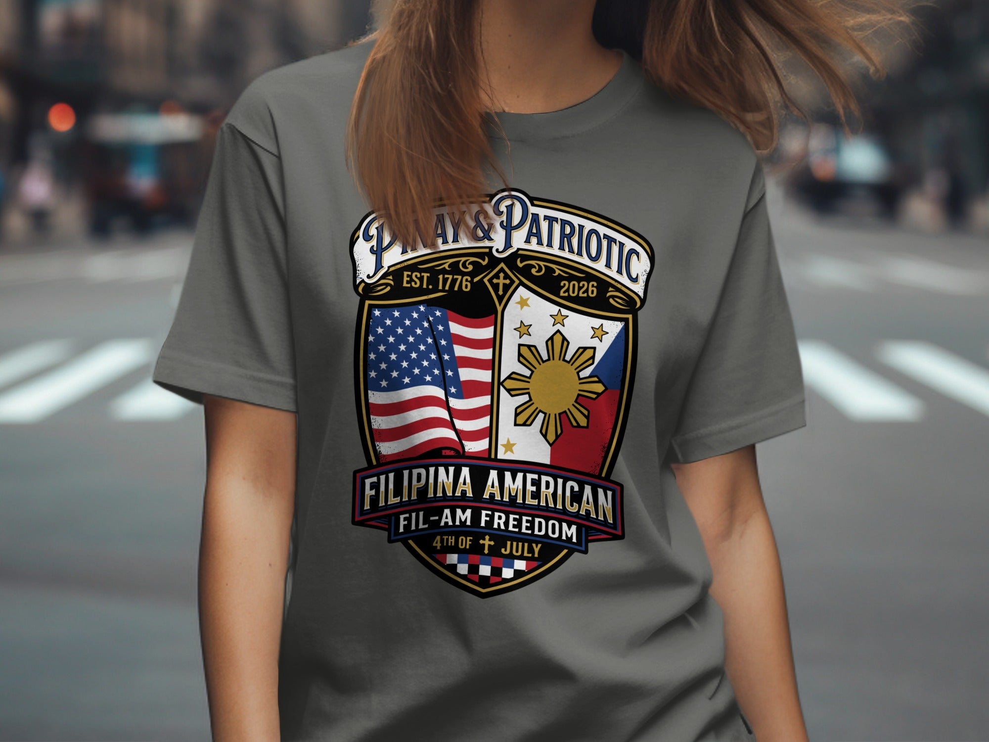 Filipina American t-shirt with crest: USA flag, sun, stars, "May & Patriotic," "Fil-Am Freedom."