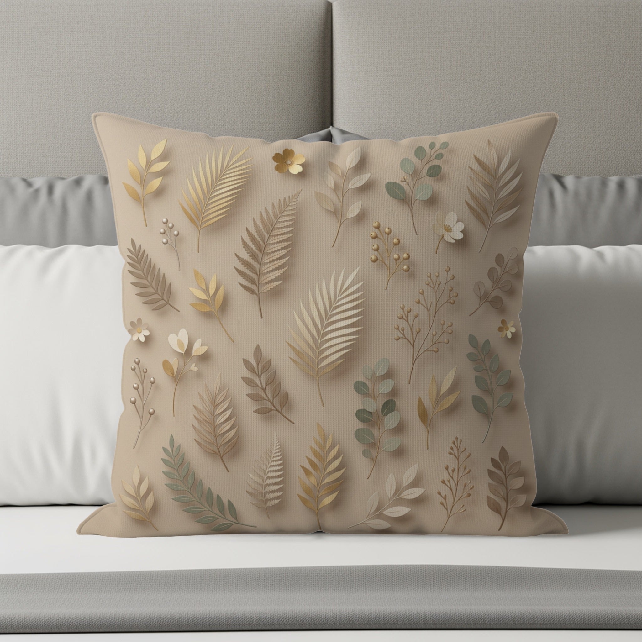 Beige decorative pillow with botanical leaf and flower pattern.
