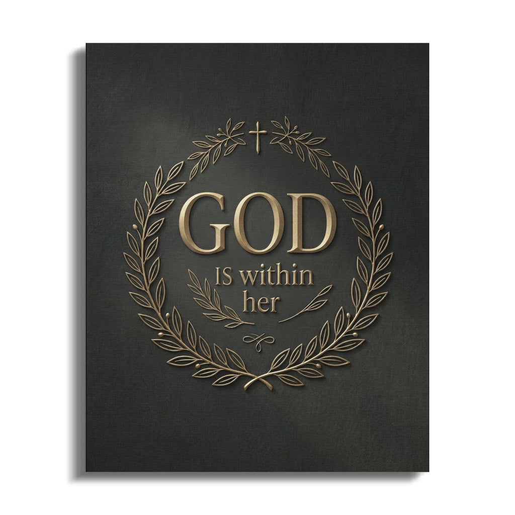 Gold text "GOD IS within her" in laurel wreath on dark textured background.