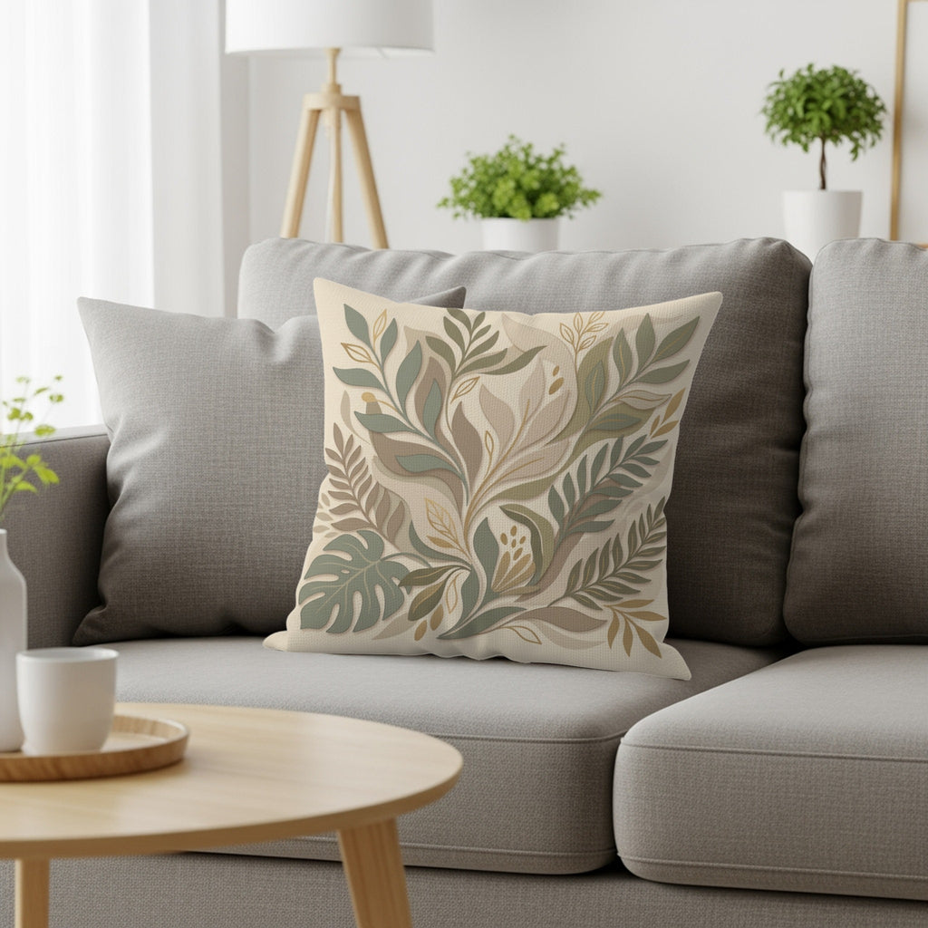 Decorative throw pillow with floral leaf pattern on a gray sofa.