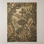 Embroidered tapestry with cross, fish, and anchor symbols in olive branches.