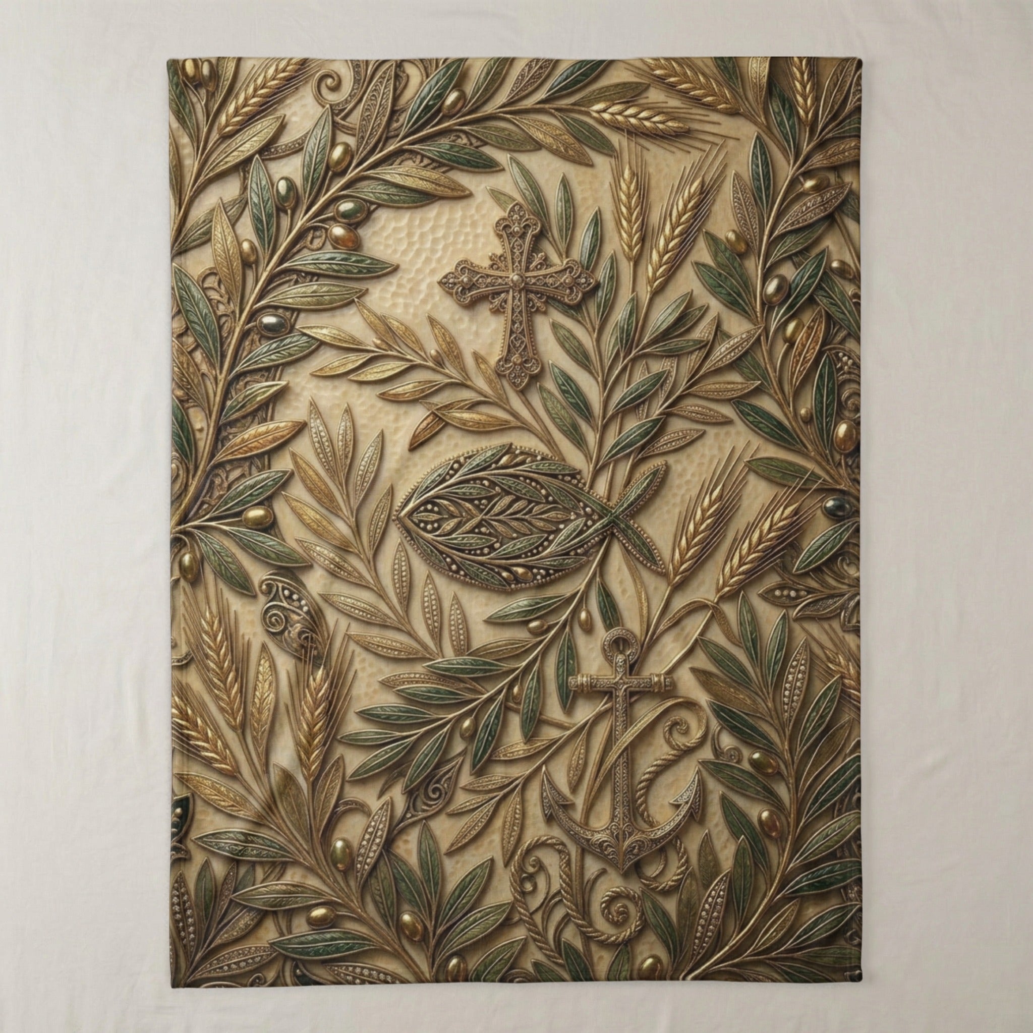 Embroidered tapestry with cross, fish, and anchor symbols in olive branches.