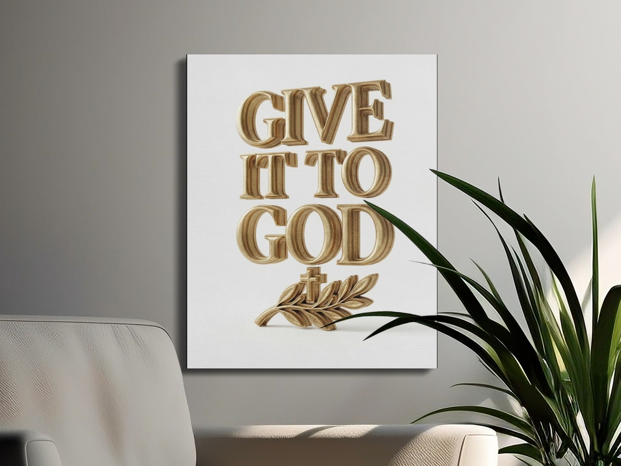 Gold embossed text "GIVE IT TO GOD" with a branch and cross.