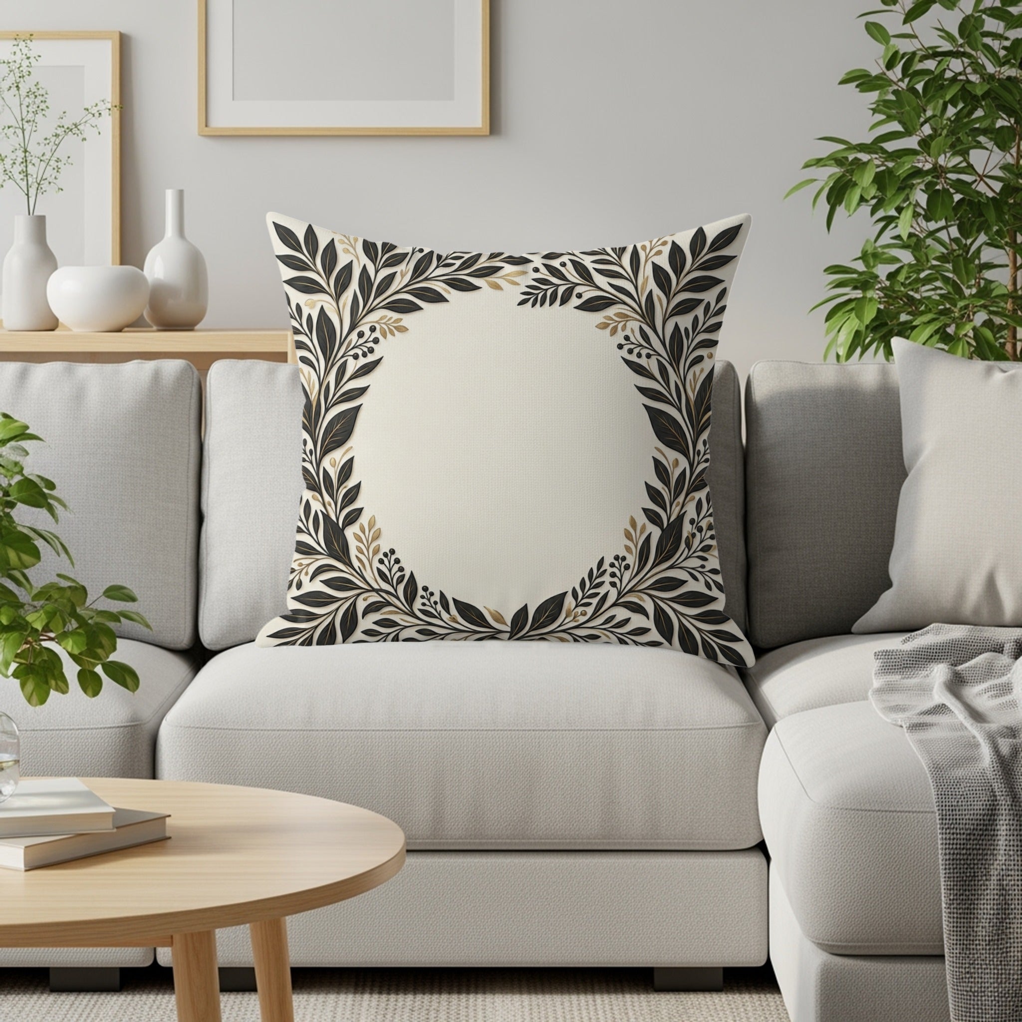 Cream cushion with ornate black and gold floral wreath design on a sofa.