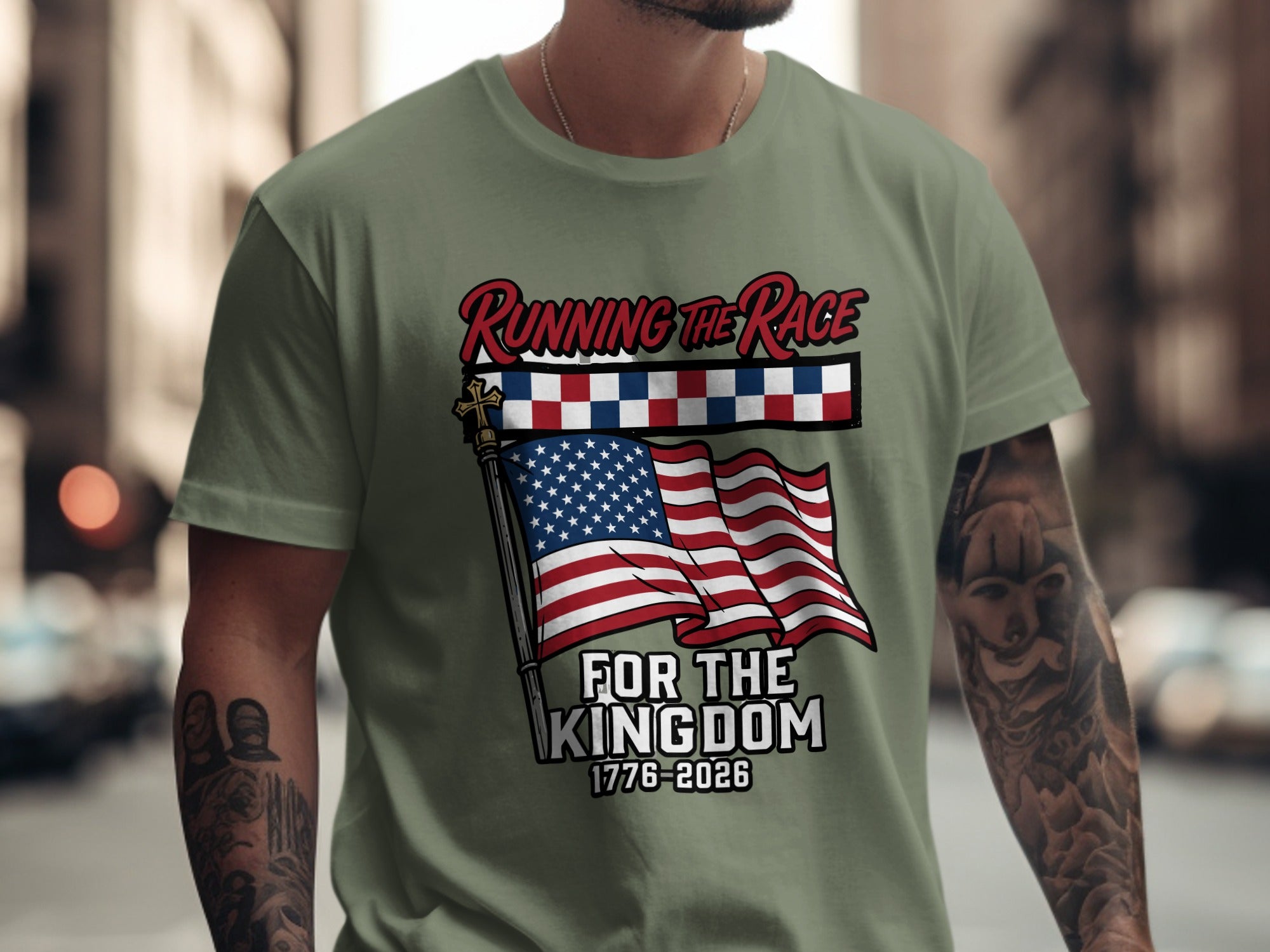 Green t-shirt with "Running the Race for the Kingdom" and American flag.