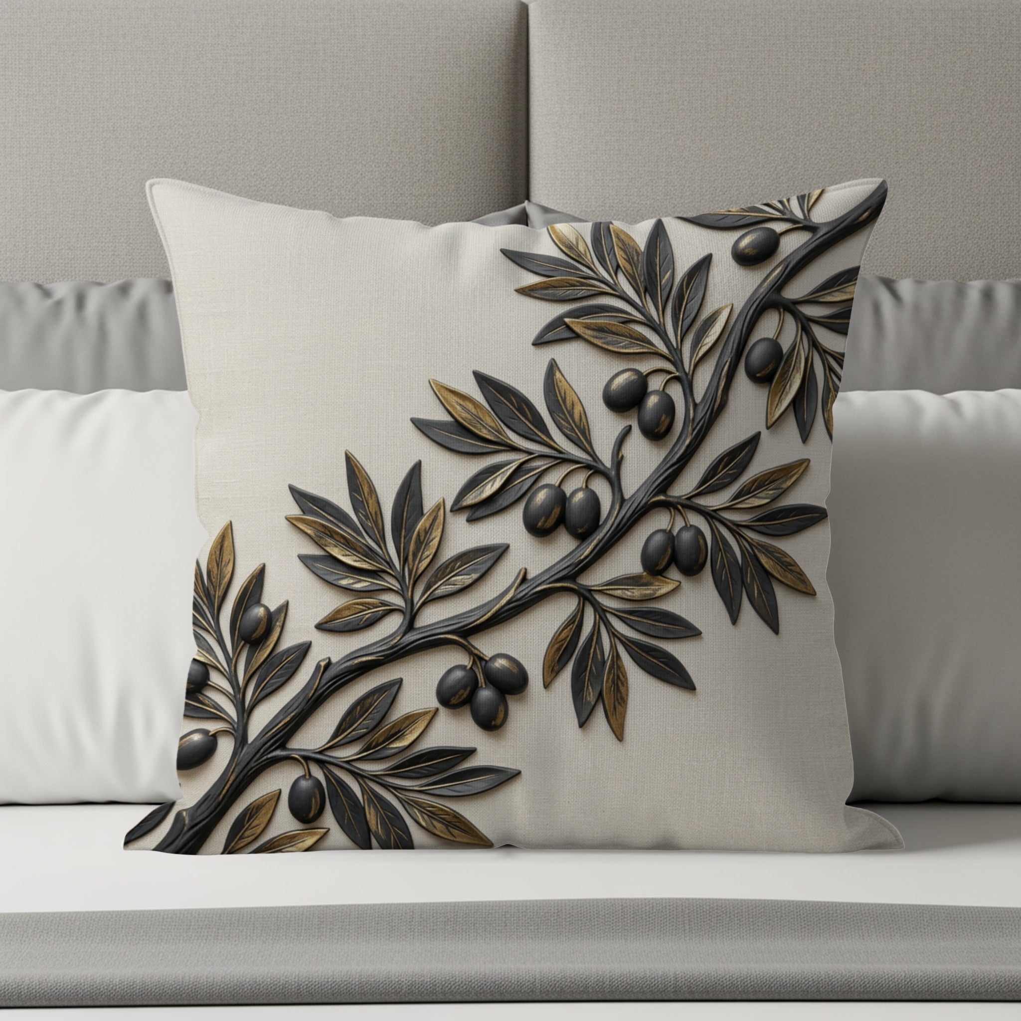 Embroidered olive branch with dark olives on a textured cream pillow.