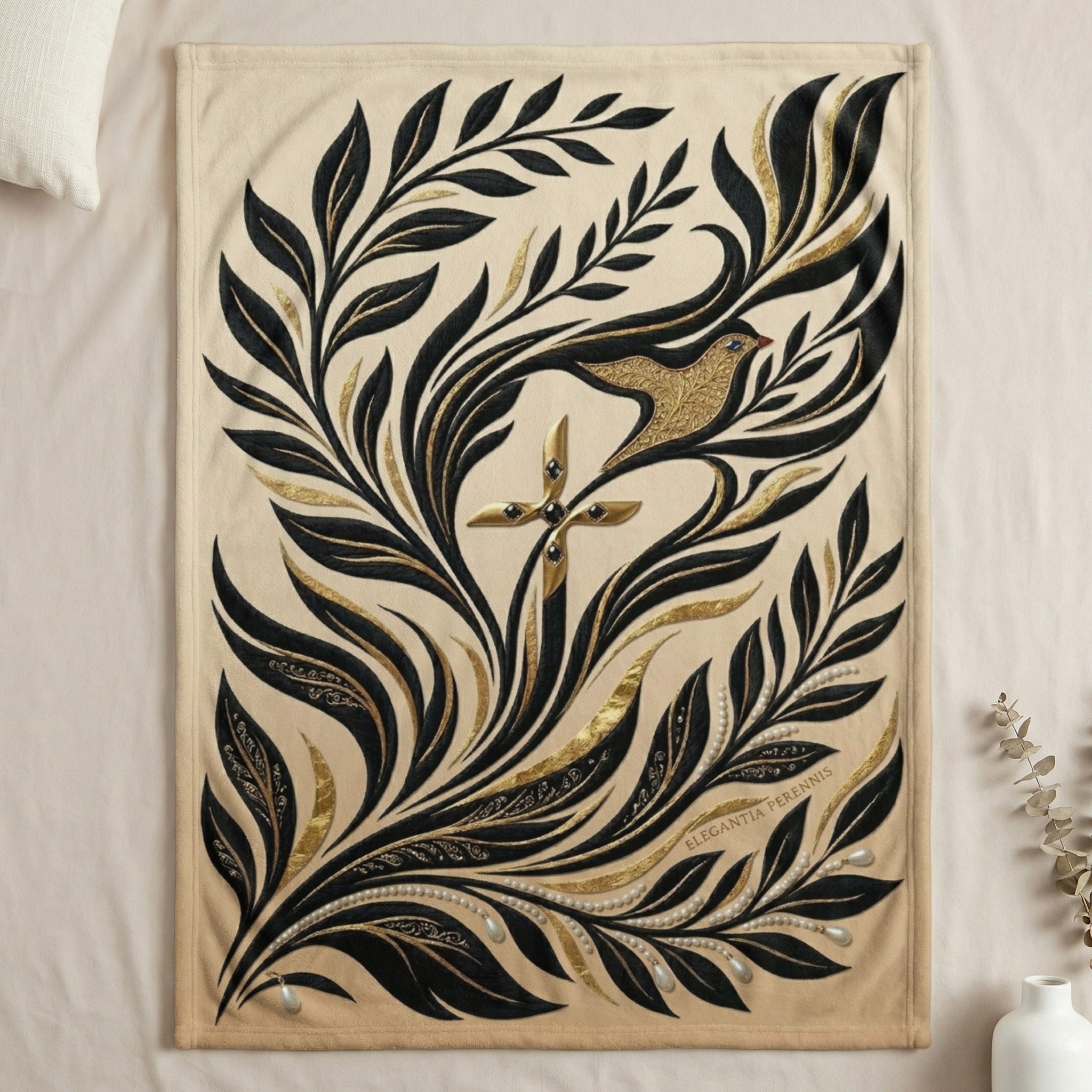 Cream blanket with black and gold floral and bird design.