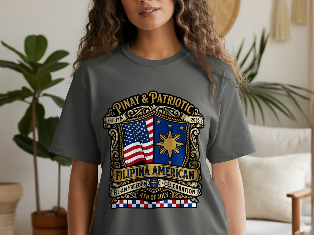 Gray t-shirt with "Pinay & Patriotic Filipina American" design and US and Philippine flags.