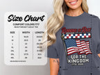 Comfort Colors 1717 heavyweight adult tee size chart with width and length measurements.