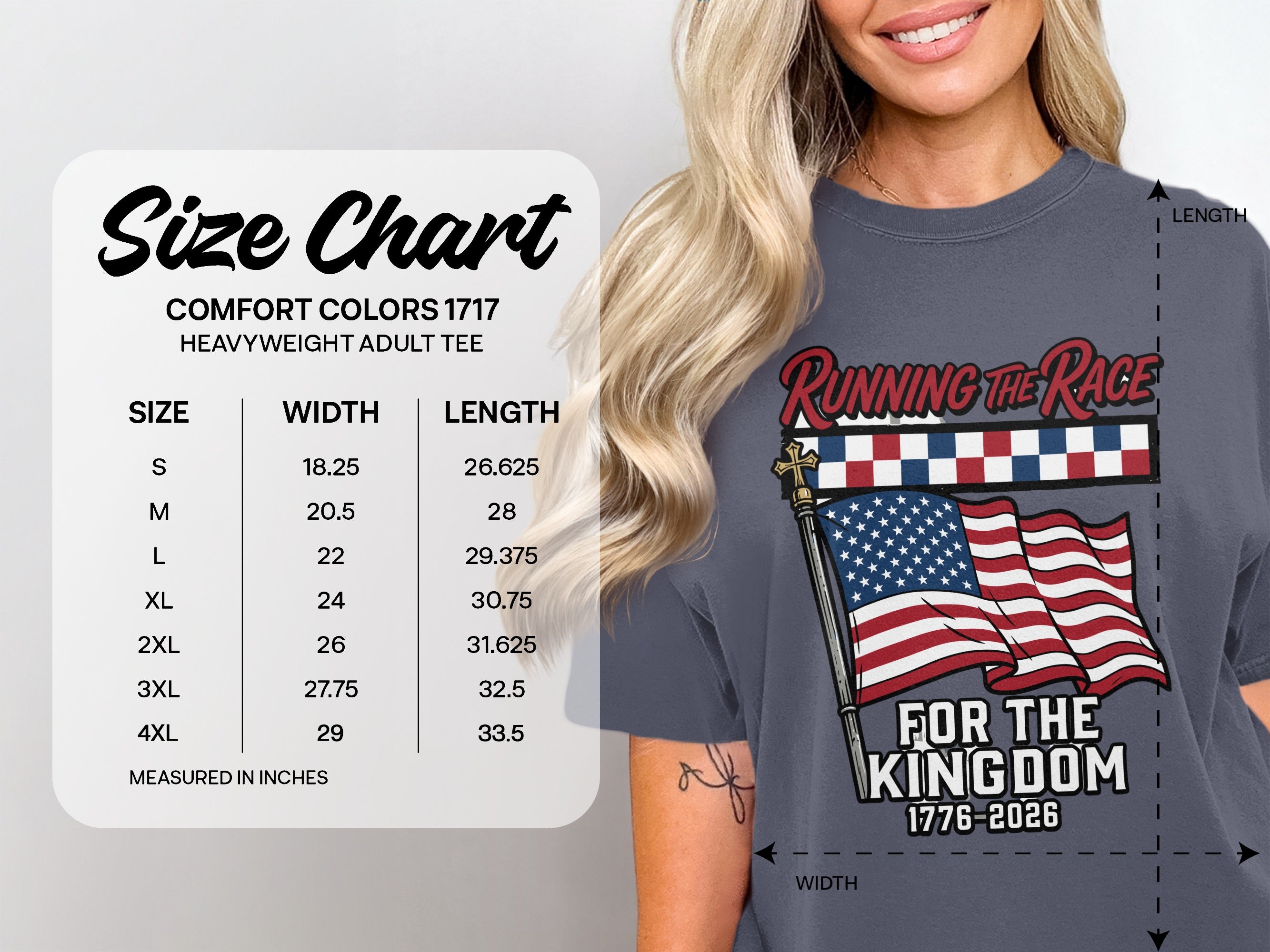 Comfort Colors 1717 heavyweight adult tee size chart with width and length measurements.