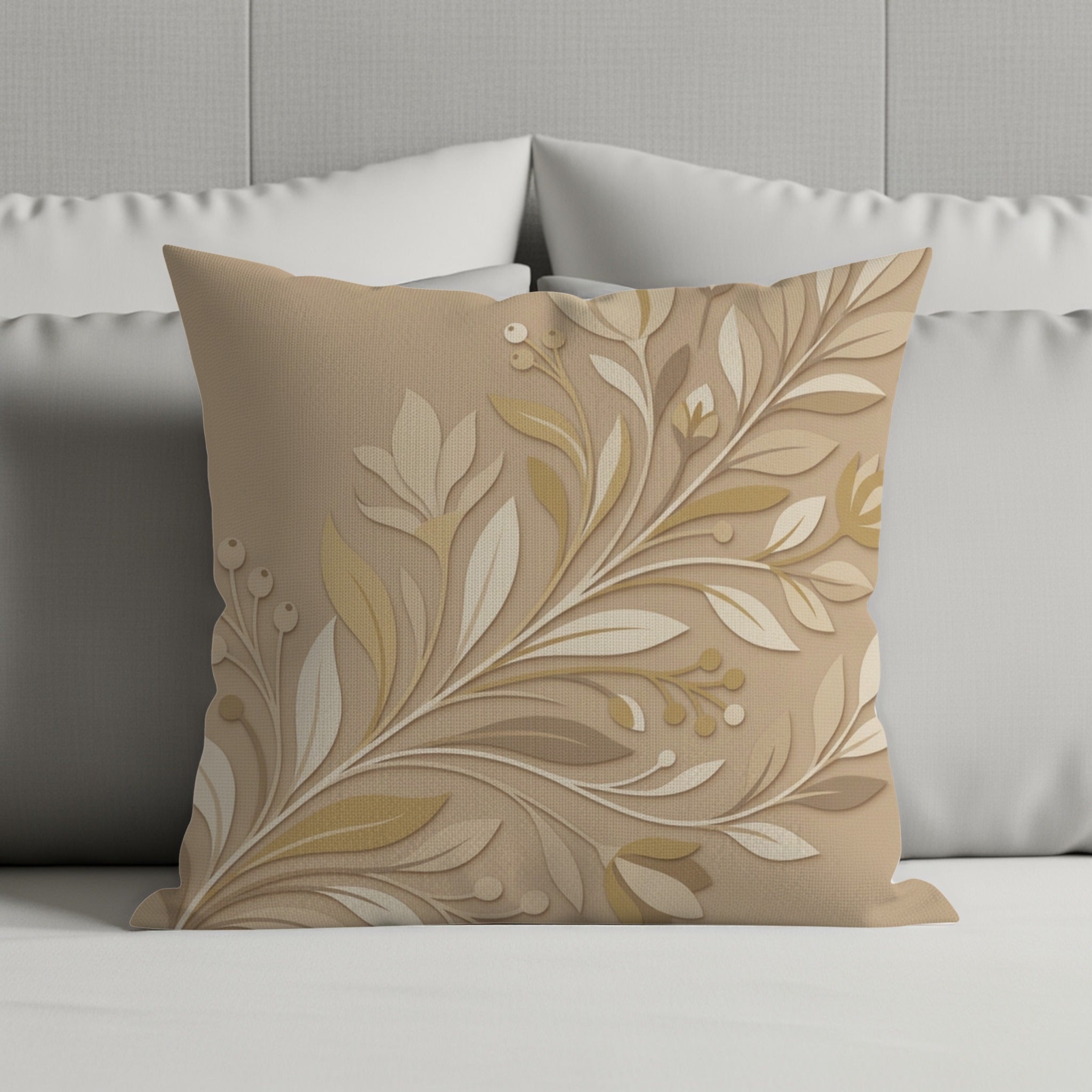 Decorative throw pillow with embossed floral vine pattern.