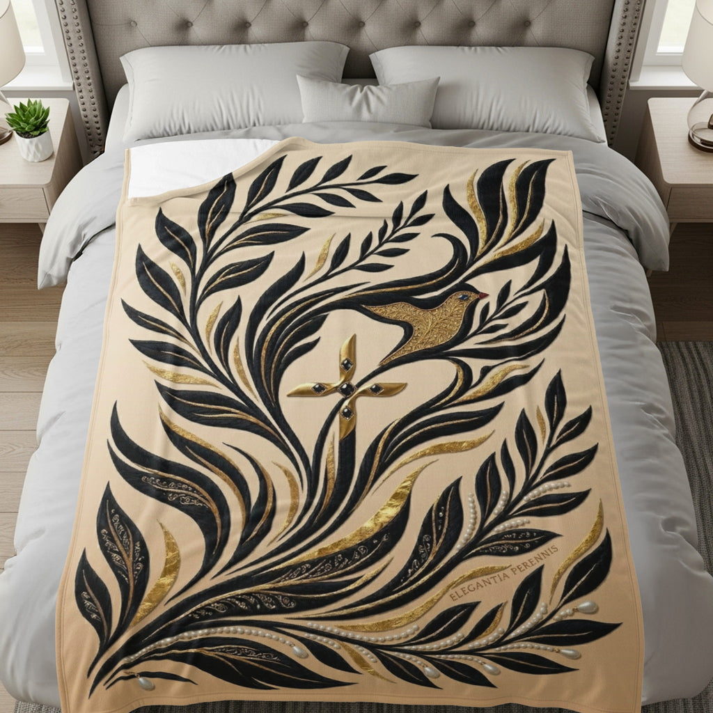 Cream blanket with black and gold floral design and a bird.