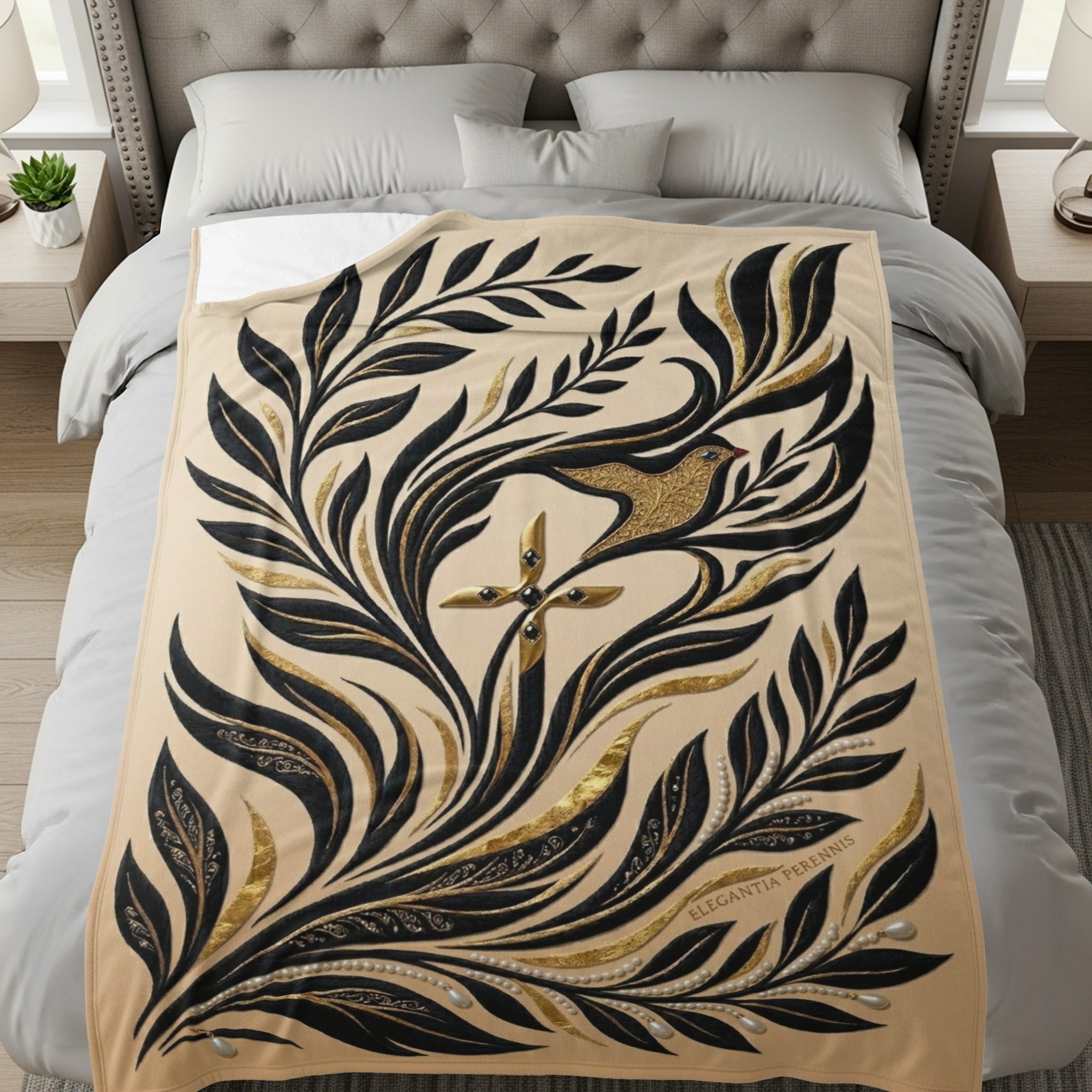 Cream blanket with black and gold floral design and a bird.